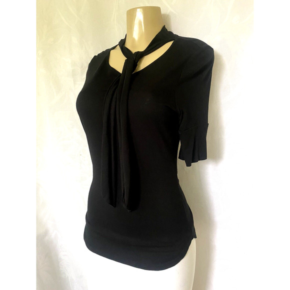 FRAME Tie Neck Top Black Half Sleeve Knit Blouse Round Neck Jersey Stret… - Picture 4 of 6